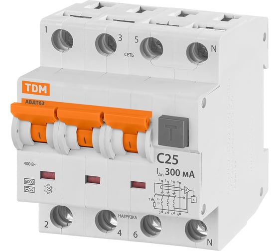 Автоматический выключатель дифференциального тока TDM ELECTRIC АВДТ 63 4P(3Р+N) C25 300мА 6кА тип А SQ0202-0026
