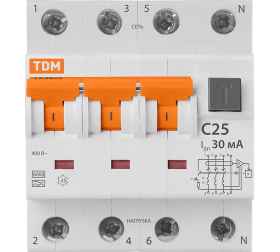 Автоматический выключатель дифференциального тока TDM АВДТ 63 4P C 25А 30мА SQ0202-0018