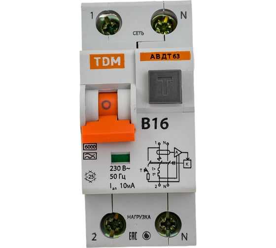 Автоматический выключатель дифференциального тока TDM АВДТ 63 B 16А 10мА SQ0202-0009 1