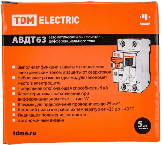 Автоматический выключатель дифференциального тока TDM АВДТ 63 B 16А 10мА SQ0202-0009