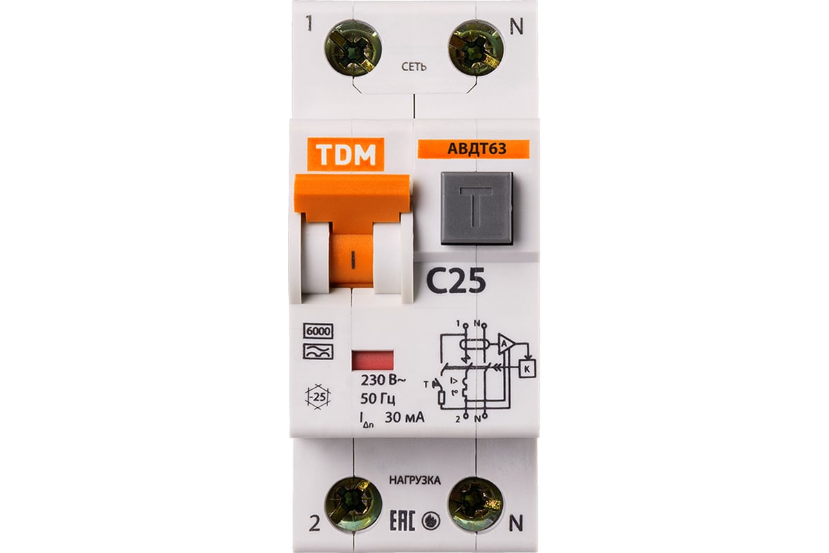 Автоматический выключатель дифференциального тока TDM АВДТ 63 2P C25 30мА  SQ0202-0004