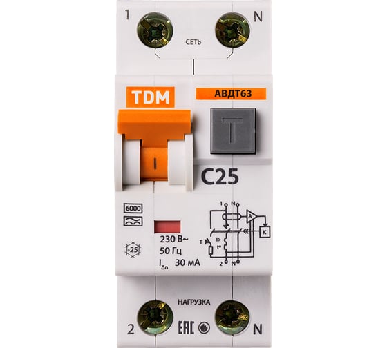 Автоматический выключатель дифференциального тока TDM АВДТ 63 2P C25 30мА SQ0202-0004