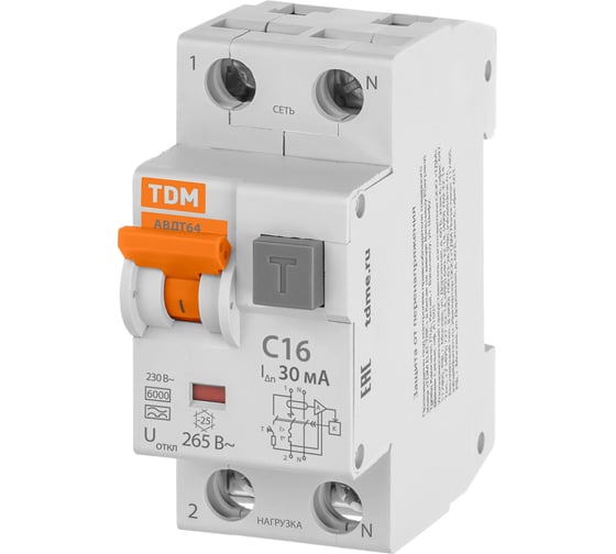 Дифавтомат АВДТ 64 C 16А, 30 мА TDM ELECTRIC SQ0205-0004