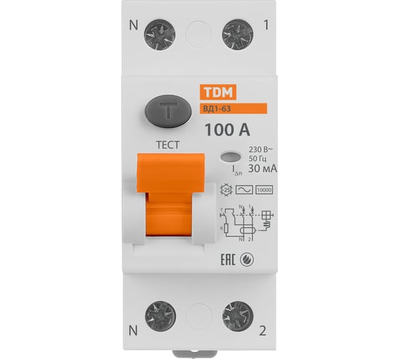 Устройство защитного отключения TDM ELECTRIC ВД1-63 2Р 100А 30мА SQ0203-0025
