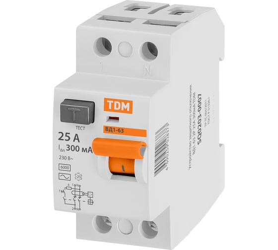 Устройство защитного отключения TDM ELECTRIC ВД1-63 2Р 25А 300мА SQ0203-0007