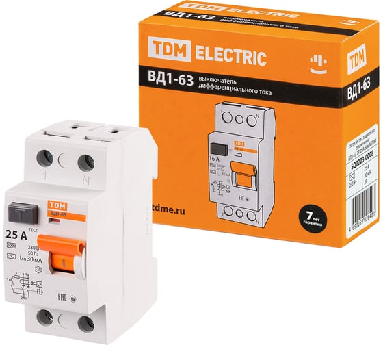 Устройство защитного отключения TDM ELECTRIC ВД1-63 2Р 25А 30мА SQ0203-0008
