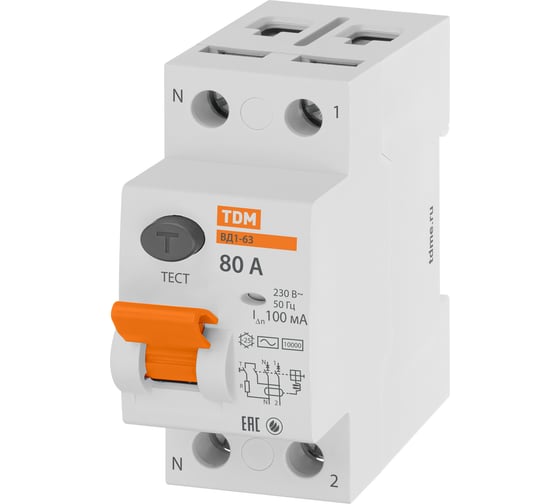 Устройство защитного отключения TDM ELECTRIC ВД1-63 2Р 80А 100мА SQ0203-0020