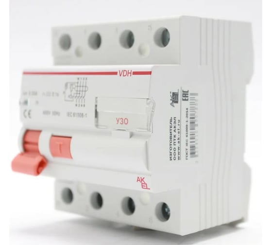 УЗО Akel-VDH-4P-63A-100mA-ТипAC 400679