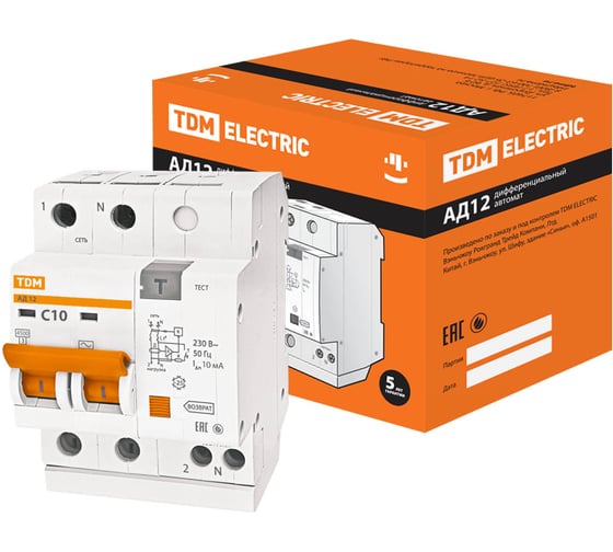 Дифавтомат АД12 2п, 10 А, 10 мА TDM ELECTRIC SQ0204-0002