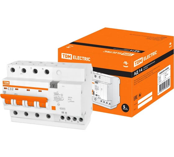 Дифавтомат АД14 4п, 32 А, 300 мА TDM ELECTRIC SQ0204-0038 1