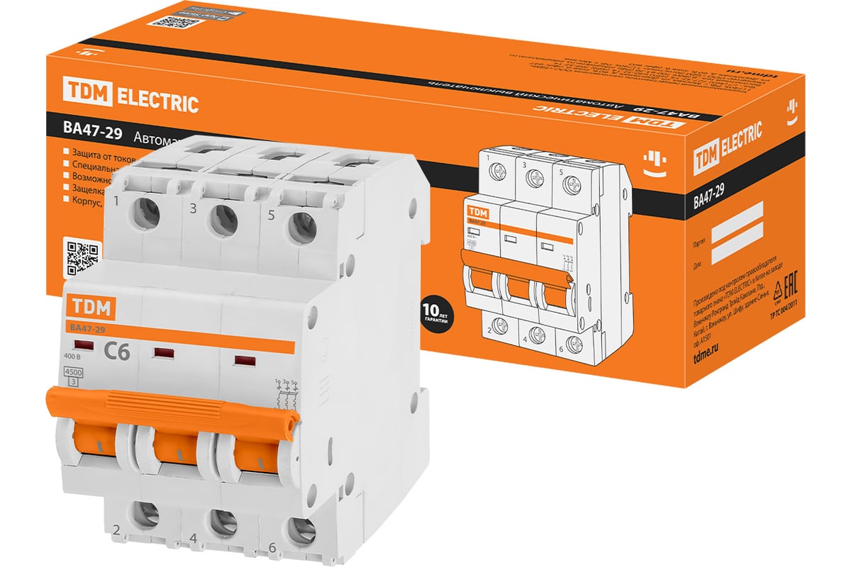 Автоматический выключатель TDM ВА47-29 3Р 6А 4.5кА С SQ0206-0105 ...