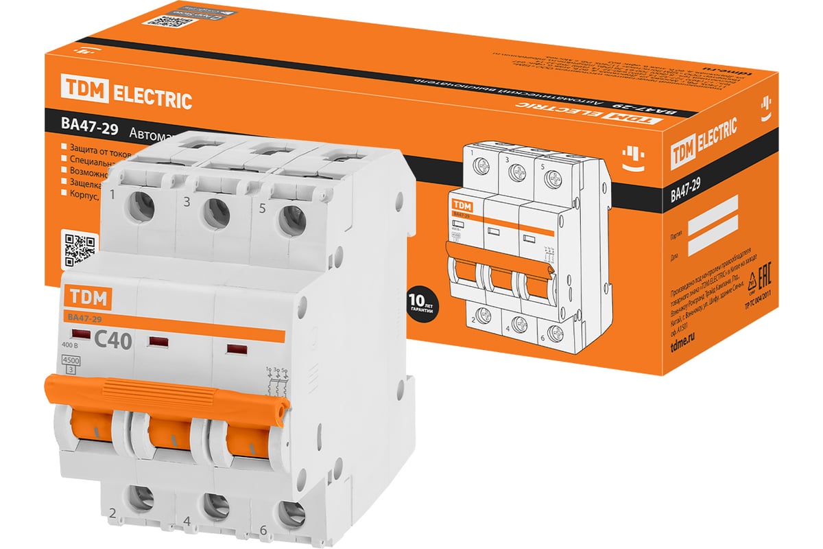 Автоматический выключатель TDM ВА47-29 3Р, 40А, C, 4,5кА
