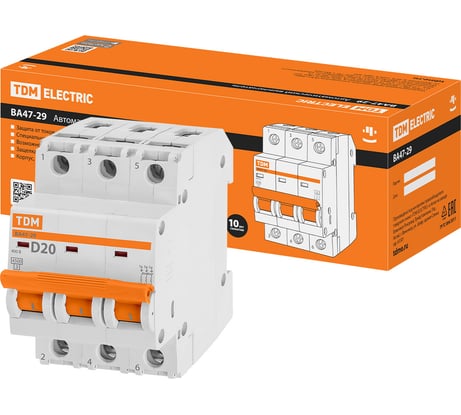 Автоматический выключатель TDM ELECTRIC ВА47-29 3Р 20А 4.5кА D SQ0206-0174