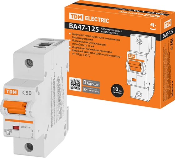 Автоматический выключатель TDM ELECTRIC ВА47-125 1Р 50А 15кА С SQ0208-0056