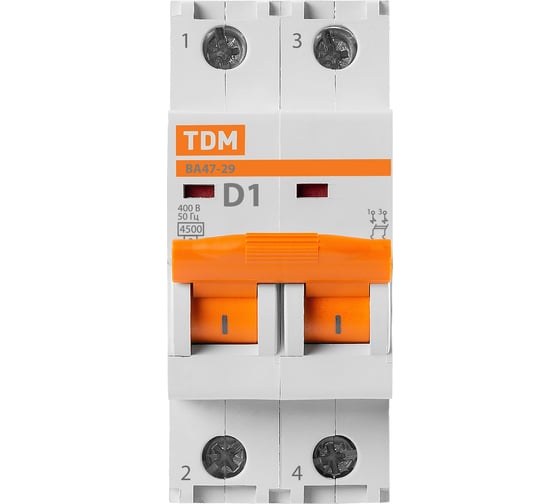 Автоматический выключатель TDM ВА47-29 2Р 1А 4.5кА D SQ0206-0148