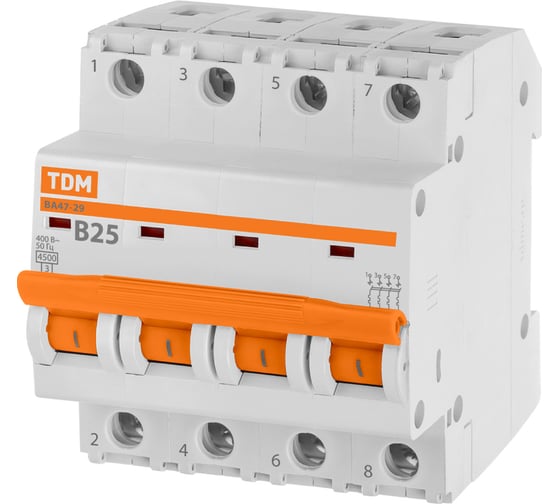 Автоматический выключатель TDM ELECTRIC ВА47-29 4Р 25А 4.5кА В SQ0206-0060