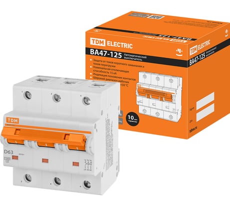 Автоматический выключатель TDM ELECTRIC ВА47-125 3Р 63А 15кА х-ка D SQ0208-0033