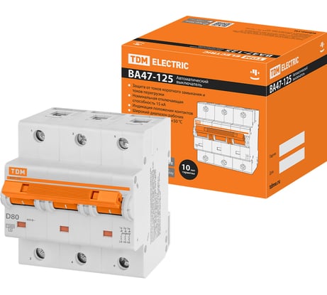 Автоматический выключатель TDM ELECTRIC ВА47-125 3Р 80А 15кА х-ка D SQ0208-0034