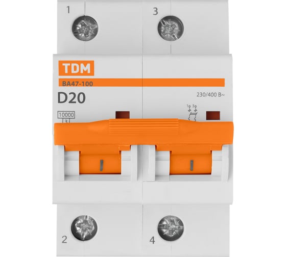Автоматический выключатель TDM ВА47-100 2Р 20А 10кА х-ка D AQ0207-0014