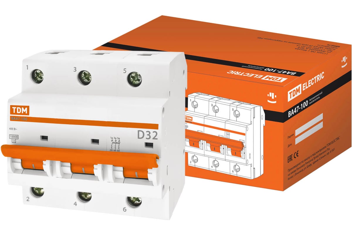Автоматический выключатель TDM ВА47-100 3Р 32А 10кА D SQ0207-0027 ...