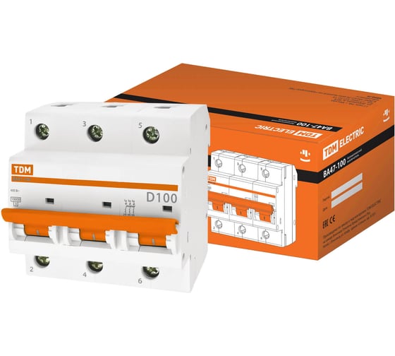 Автоматический выключатель TDM ELECTRIC ВА47-100 3Р 100А 10кА D SQ0207-0033