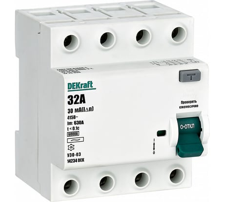 Выключатель дифференциального тока (ВДТ) DEKraft  УЗО-03 4 Р, 32 А, 30 мА, тип AC, 6 кА 14234DEK