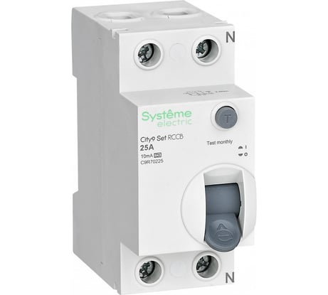 Выключатель дифференциального тока (ВДТ) Systeme Electric City9 Set 25 А, 2 Р, 10 мА, тип-А, 230 В C9R70225