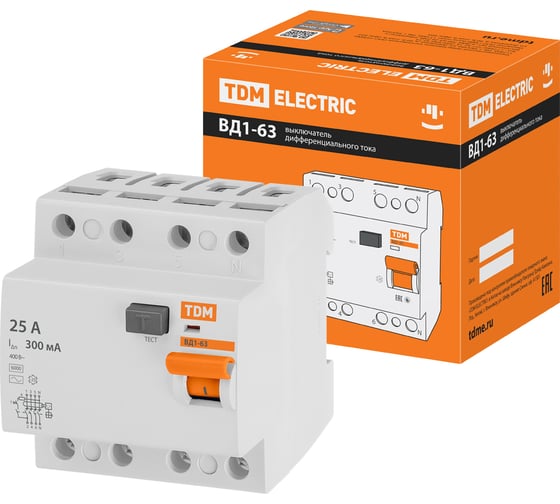 Устройство защитного отключения ВД1-63 4Р 25А 10мА TDM ELECTRIC SQ0203-0030