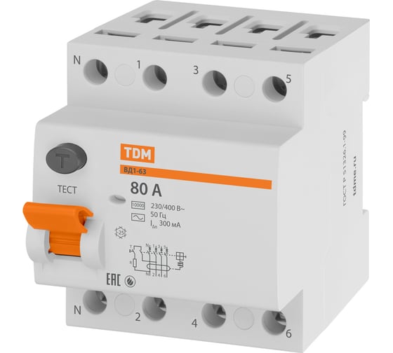 Устройство защитного отключения ВД1-63 4Р 80А 300мА TDM ELECTRIC SQ0203-0046