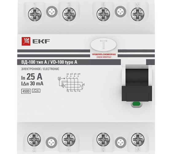 Устройство защитного отключения EKF ВД-100 4P 25А/30мА (эл-мех, тип А) PROxima elcb-4-25-30-em-a-pro