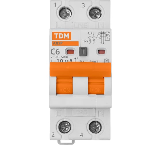 Дифференциальный автомат TDM ад2p 2р с6 10ма 6ка тип ас SQ0204-0601