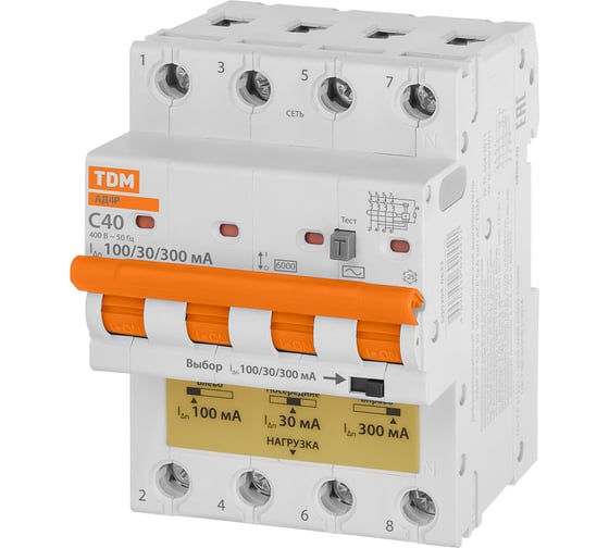 Дифференциальный автомат TDM ад4p 4р с40 30-100-300ма 6ка тип ас SQ0204-0633