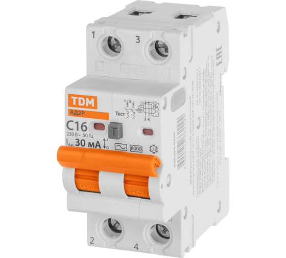 Дифавтомат TDM ELECTRIC АД2P 2Р С16 30мА 6кА тип АС SQ0204-0606