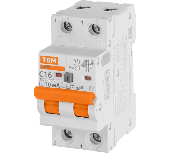 Дифференциальный автомат TDM ад2p 2р с16 10ма 6ка тип ас SQ0204-0605