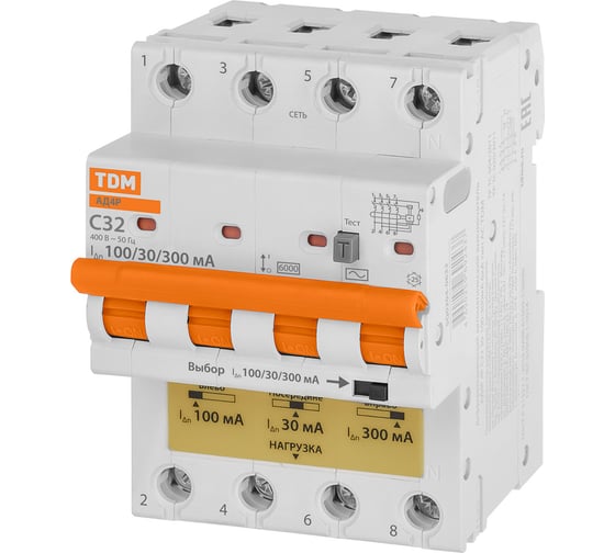 Дифференциальный автомат аTDM ELECTRIC д4p 4р с32 30-100-300ма 6ка тип ас SQ0204-0632