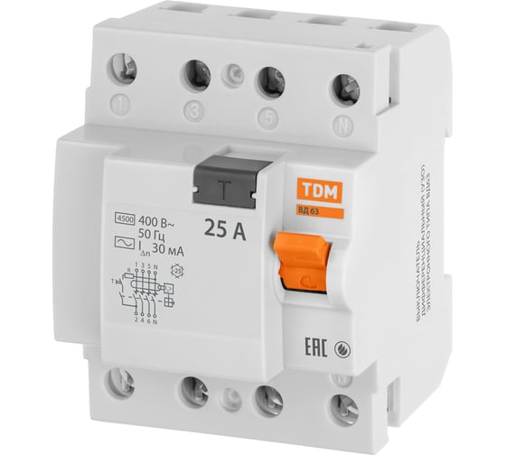 Устройство защитного отключения TDM ELECTRIC ВД63 4Р 25А 30мА электронное SQ0220-0007