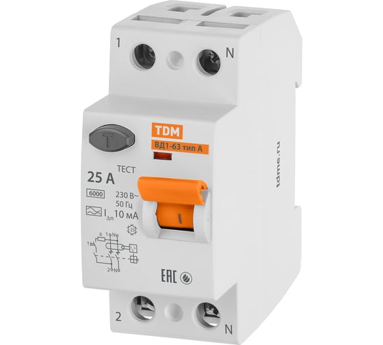 Устройство защитного отключения TDM ELECTRIC ВД1-63 2Р 25А 10мА тип А SQ0203-0075