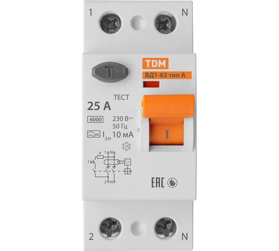 Устройство защитного отключения TDM ELECTRIC ВД1-63 2Р 25А 10мА тип А SQ0203-0075