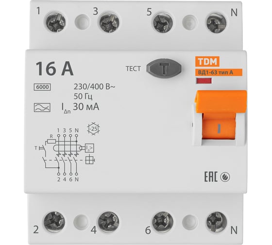 Устройство защитного отключения TDM ELECTRIC ВД1-63 4Р 16А 30мА тип А SQ0203-0083