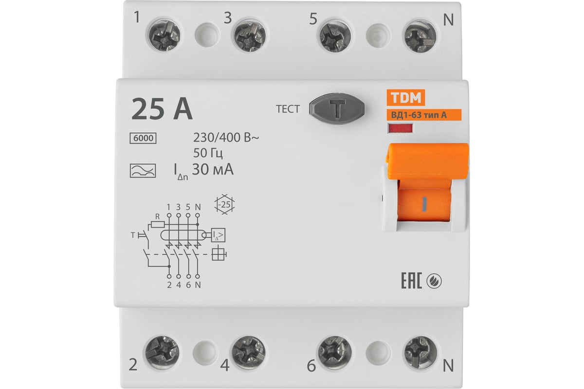 Устройство защитного отключения TDM ВД1-63 4Р 25А 30мА тип А SQ0203 ...