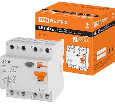 Устройство защитного отключения TDM ELECTRIC ВД1-63 4Р 32А 30мА тип А SQ0203-0086