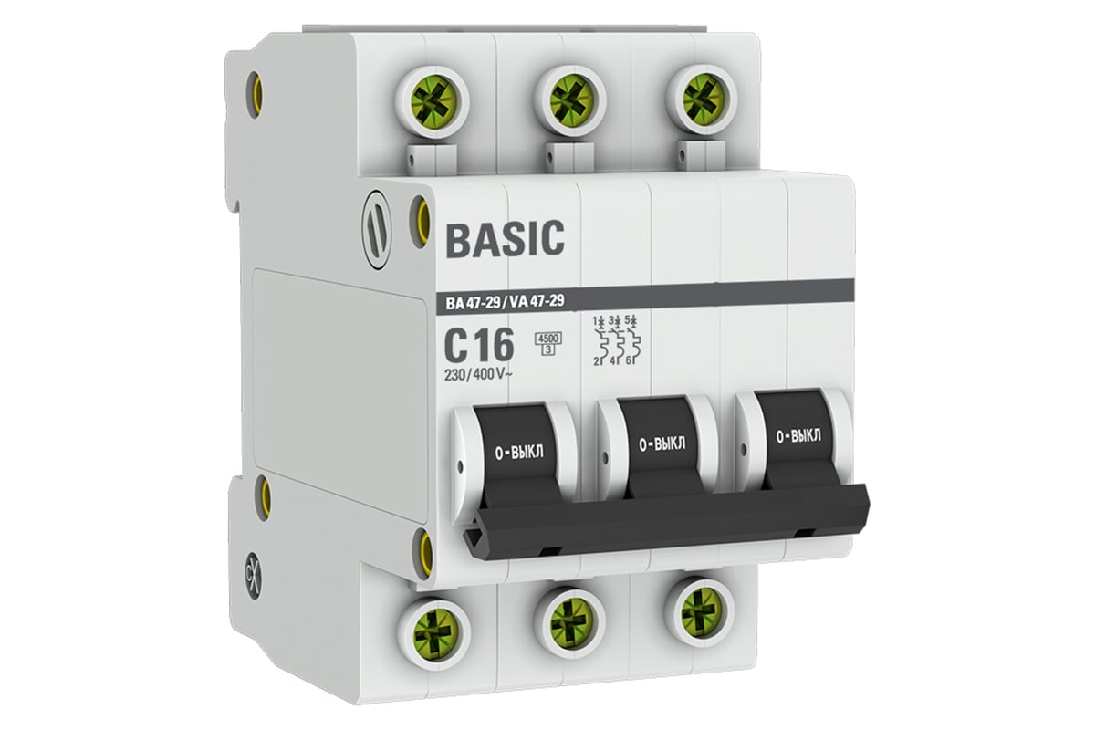 Автоматический выключатель EKF 3P 16А (С) ВА 47-29 4.5кА Basic mcb4729 .