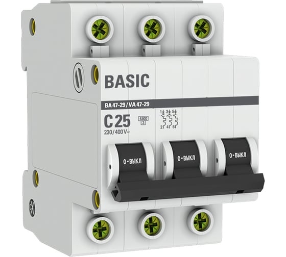Автоматический выключатель EKF 3P 25А (С) ВА 47-29 4.5кА Basic mcb4729-3-25C