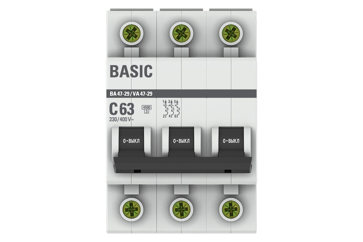 Автоматический выключатель EKF 3P 63А (С) ВА 47-29 4.5кА Basic mcb4729 ...