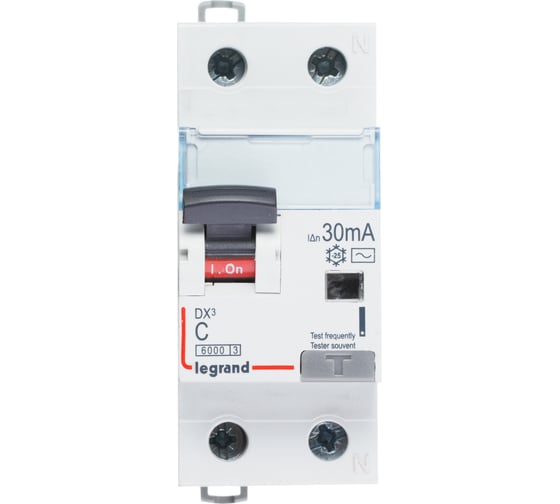Автоматический выключатель Legrand дифференциального тока DX³ 6000 10 кА тип характеристики С 1П+Н 230 В~ 25 А тип AС 30 мА 2 модуля 411004