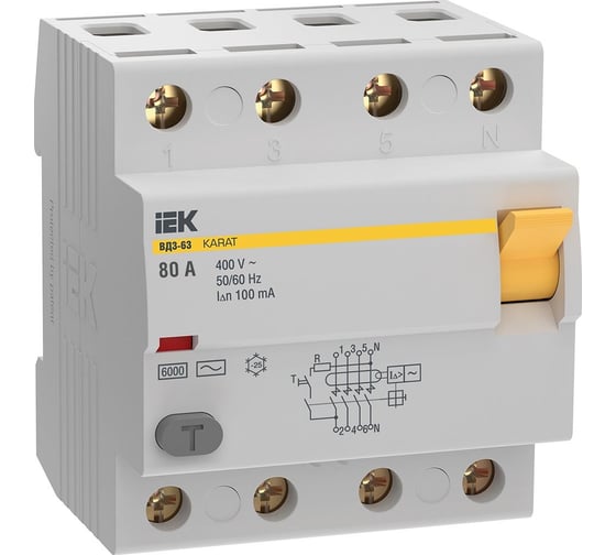 Узо IEK karat вд3-63 4p 80а 100ма 6ка тип ac MDV20-4-080-100 1