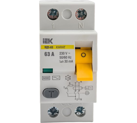 Узо IEK karat вд3-63 2p 63а 30ма 6ка тип ac MDV20-2-063-030