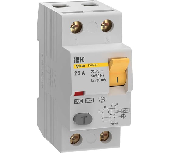 Узо IEK karat вд3-63 2p 25а 30ма 6ка тип ac MDV20-2-025-030