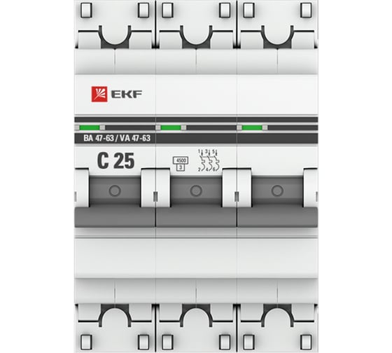 Автоматический трехполюсный выключатель EKF 3P 25А (C) 4,5kA ВА 47-63 PROxima mcb4763-3-25C-pro