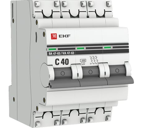 Автоматический выключатель EKF 3P 40А (С) ВА 47-63 4.5кА PROxima mcb4763-3-40C-pro